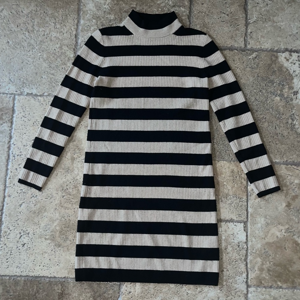 beautiful tan and black turtleneck striped sweater dress
